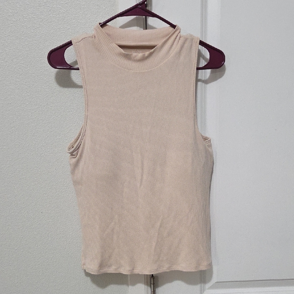 Klassy Network Cream Ribbed Mock Neck Tank Top